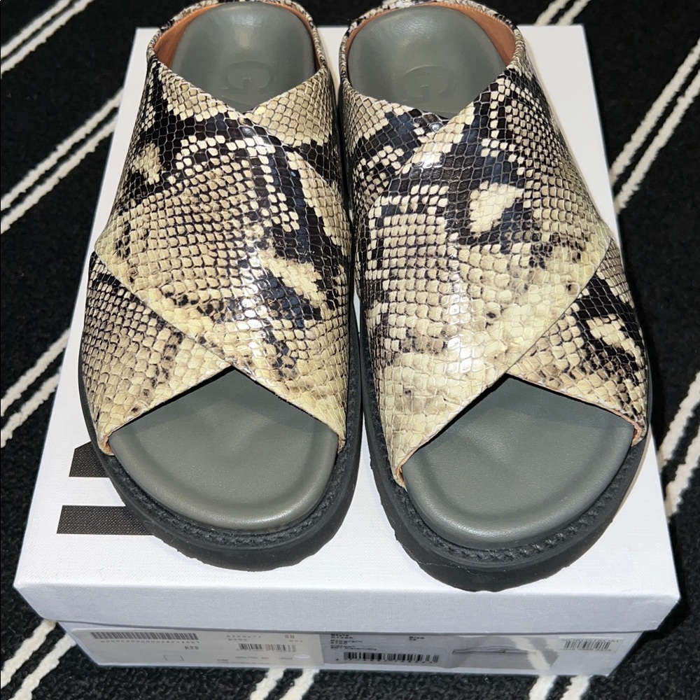 Ganni Olive Green Snakeskin Print Crossover Sandals - Picture 8 of 11